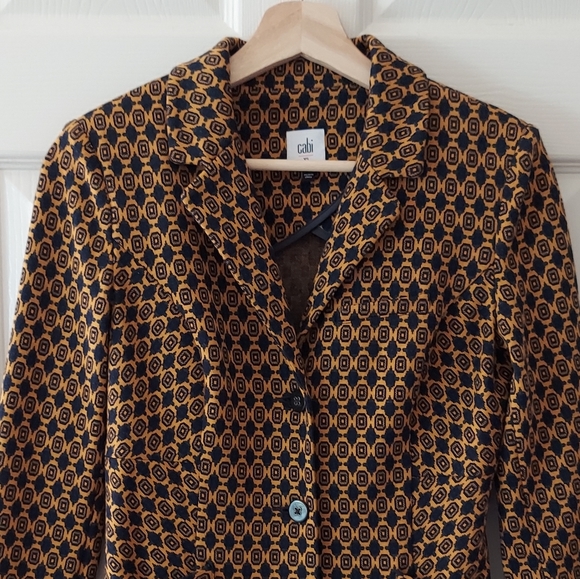 Cabi Mustard Navy Medallion Stretch Knit Standout Jacket Blazer Size XS - Picture 2 of 4